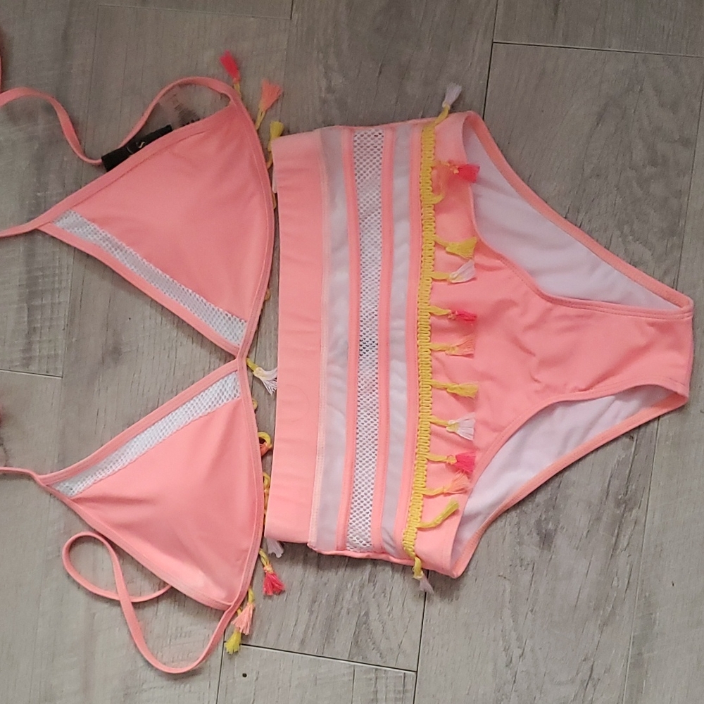 TASSEL AND MESH HIGH WAIST BOTTOM BIKINI  SWIM PINK Pom Pom SUIT NEW